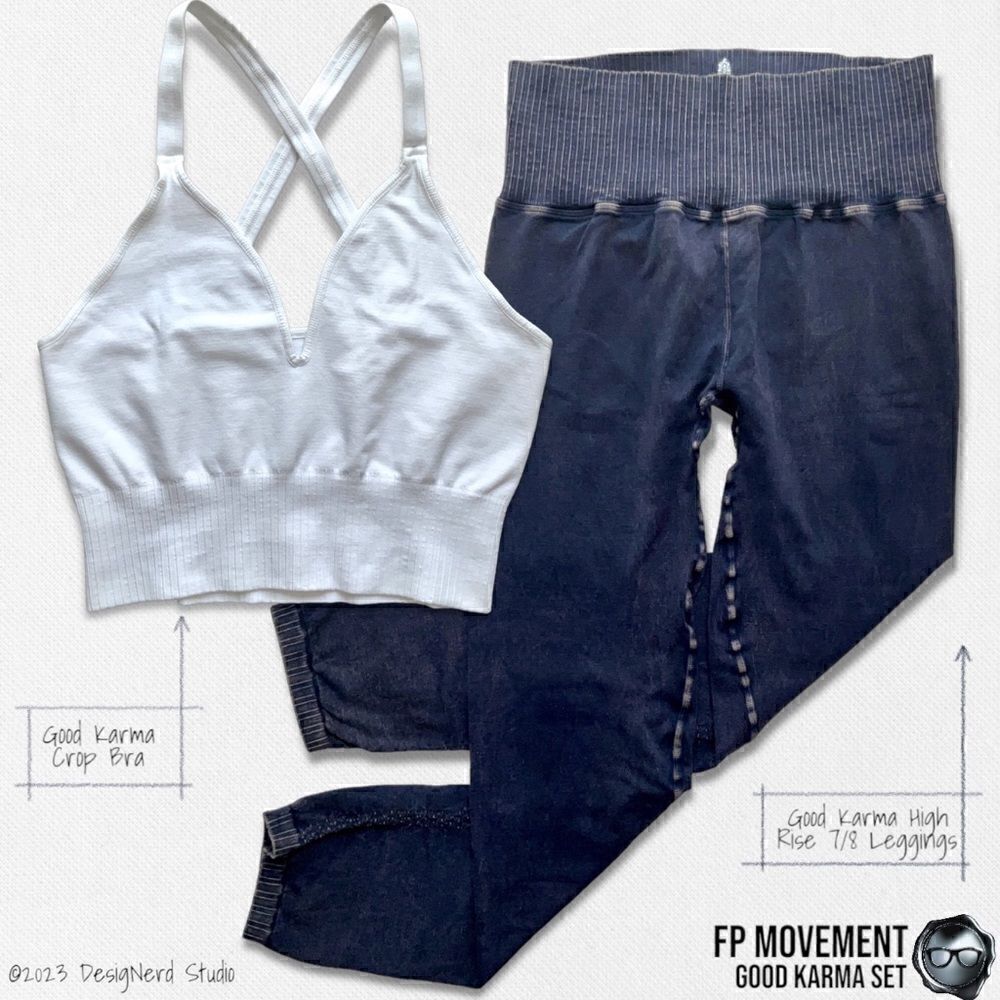 FP MOVEMENT GOOD KARMA SET: WHITE CROP BRA + NAVY BLUE HIGH RISE LEGGINGS L / XL